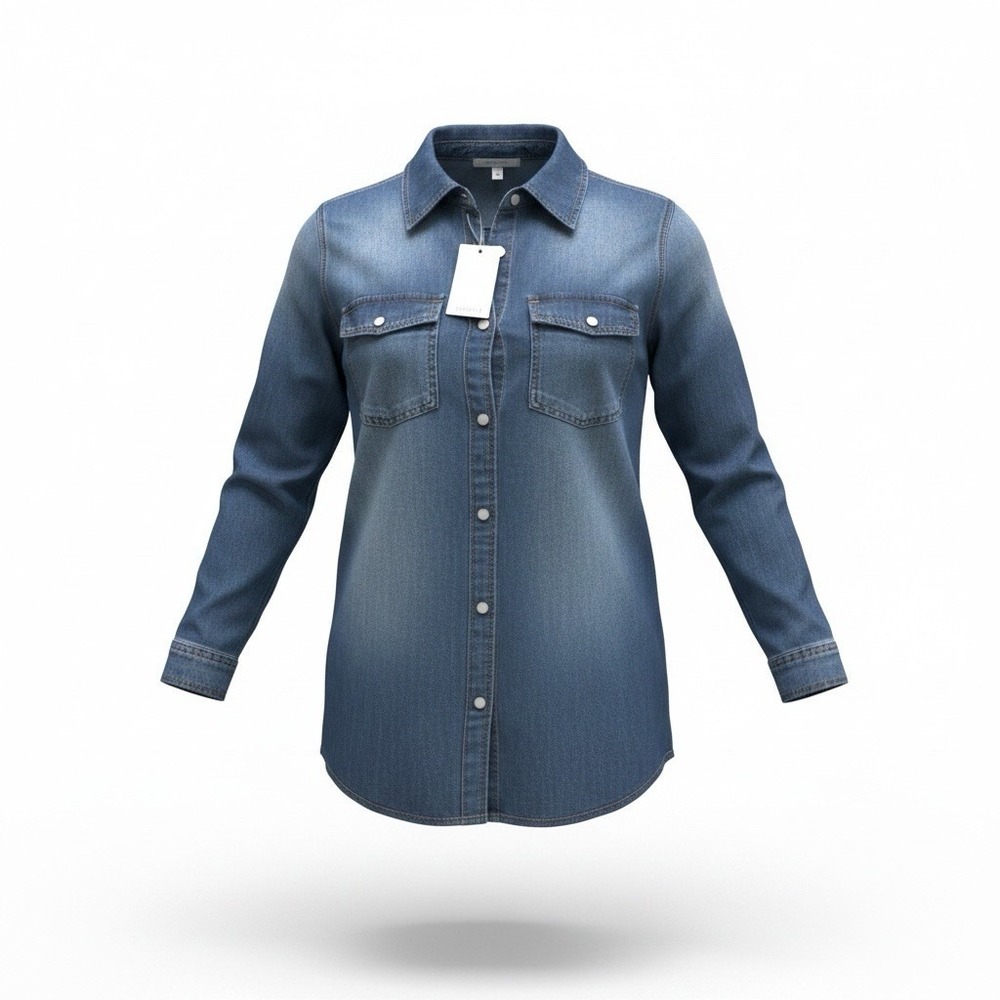 Ettelo Chambray Shirt Women's Medium 12-14 Denim Look Western Boho Roll Tab